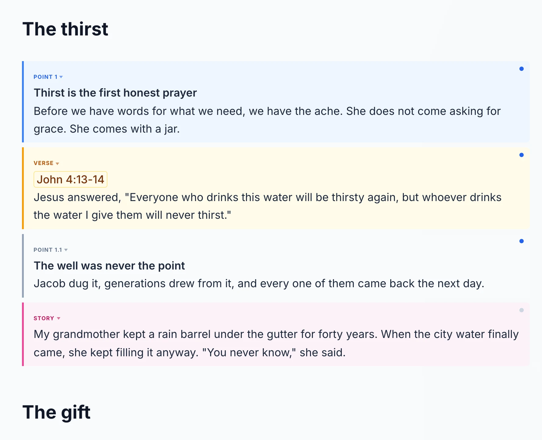 A sermon section built from blocks: a point, a verse, a sub-point and a story, each labeled and colored by kind