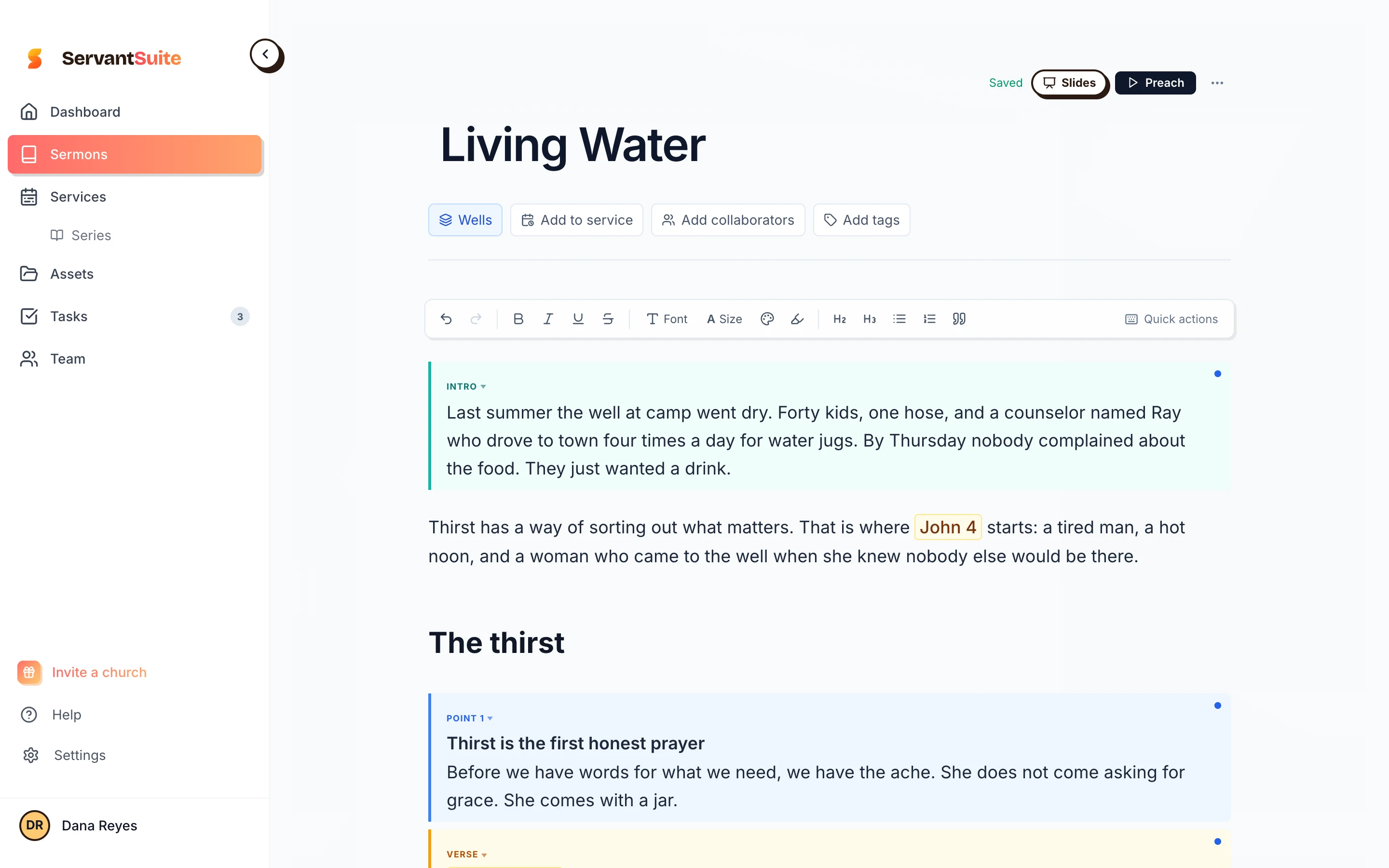 The ServantSuite sermon editor with Living Water open: an intro block, a scripture reference and the first point