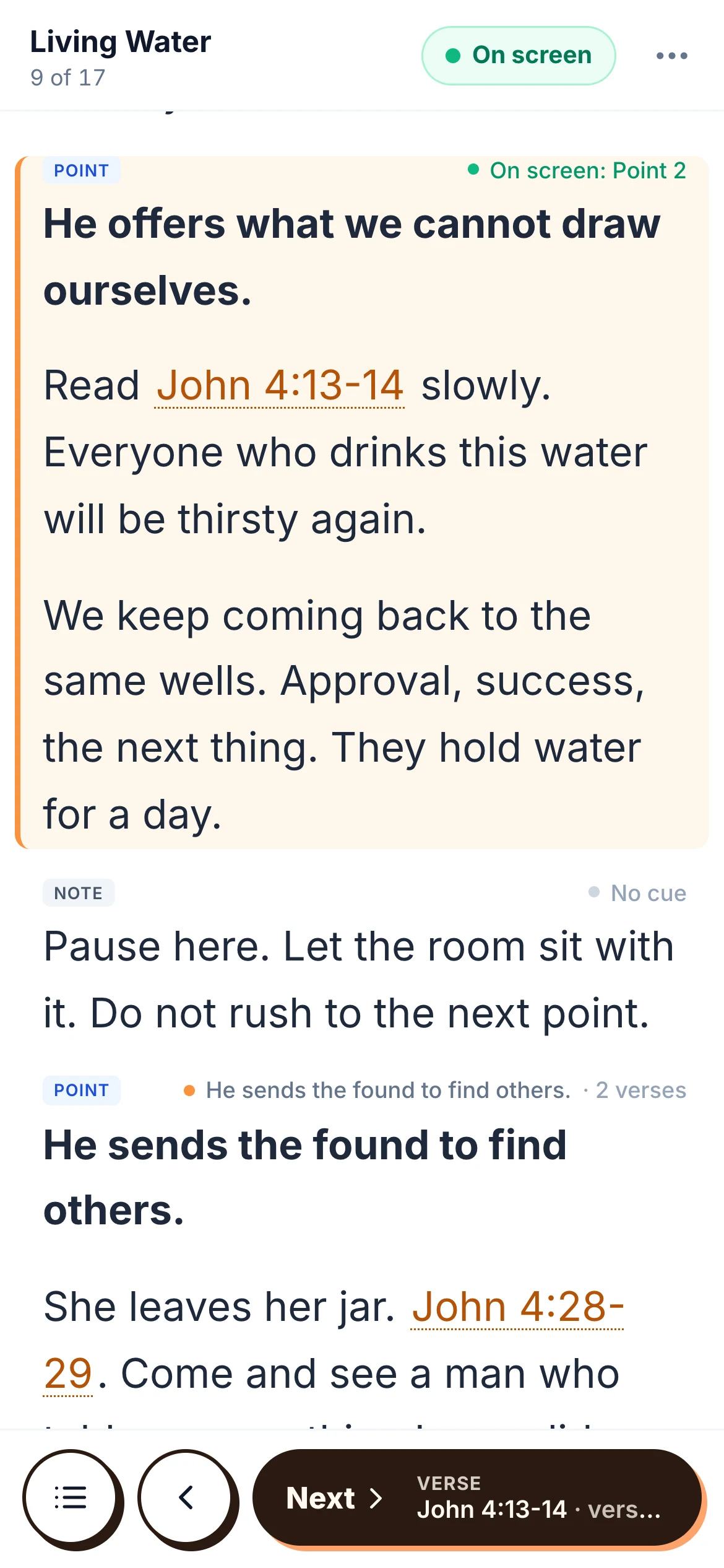 Preach mode on a phone: Point 2 highlighted and on screen, and Next showing John 4:13-14