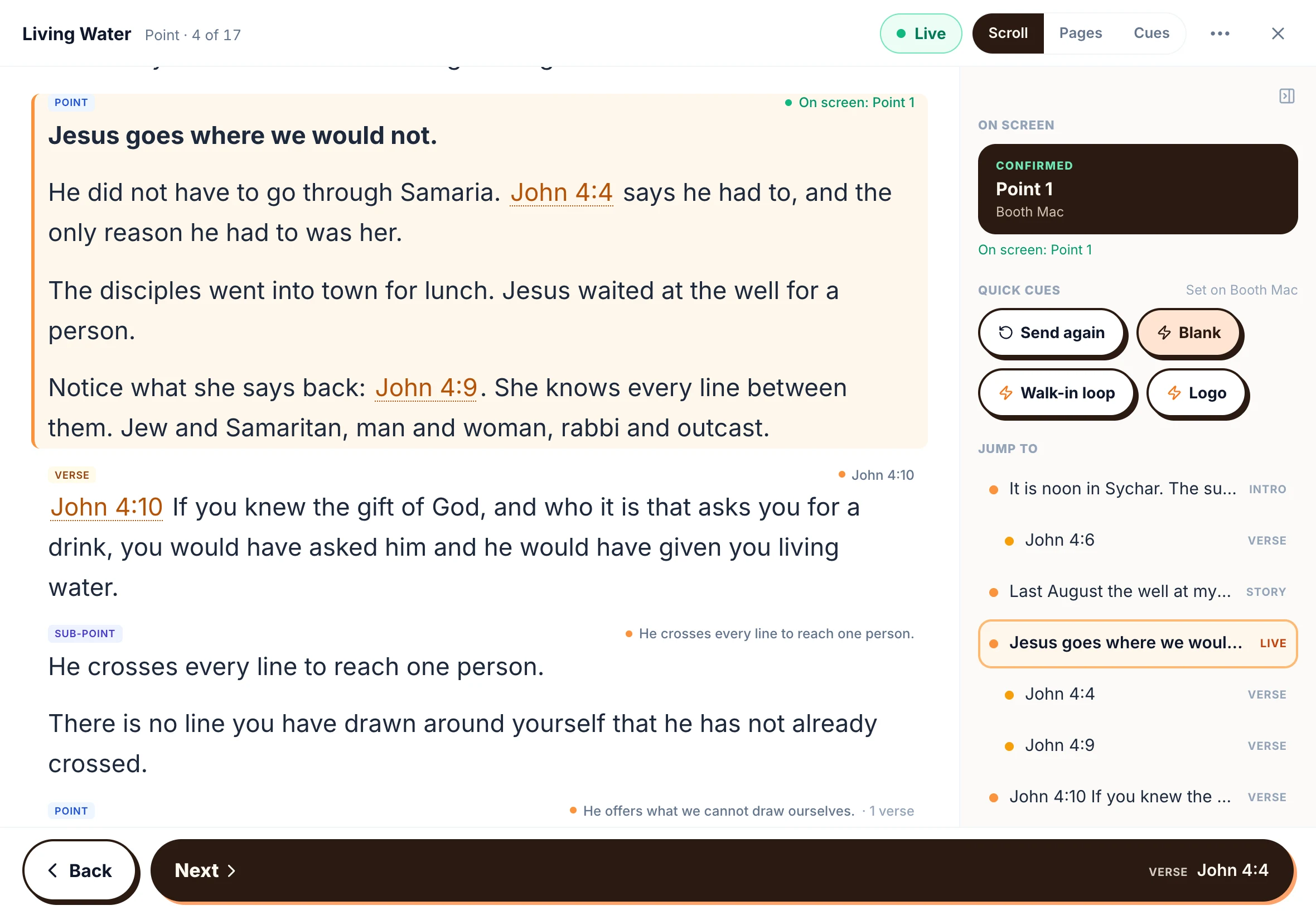 ServantSuite on an iPad in preach mode: Point 1 highlighted, with the outline and quick cues in a side panel