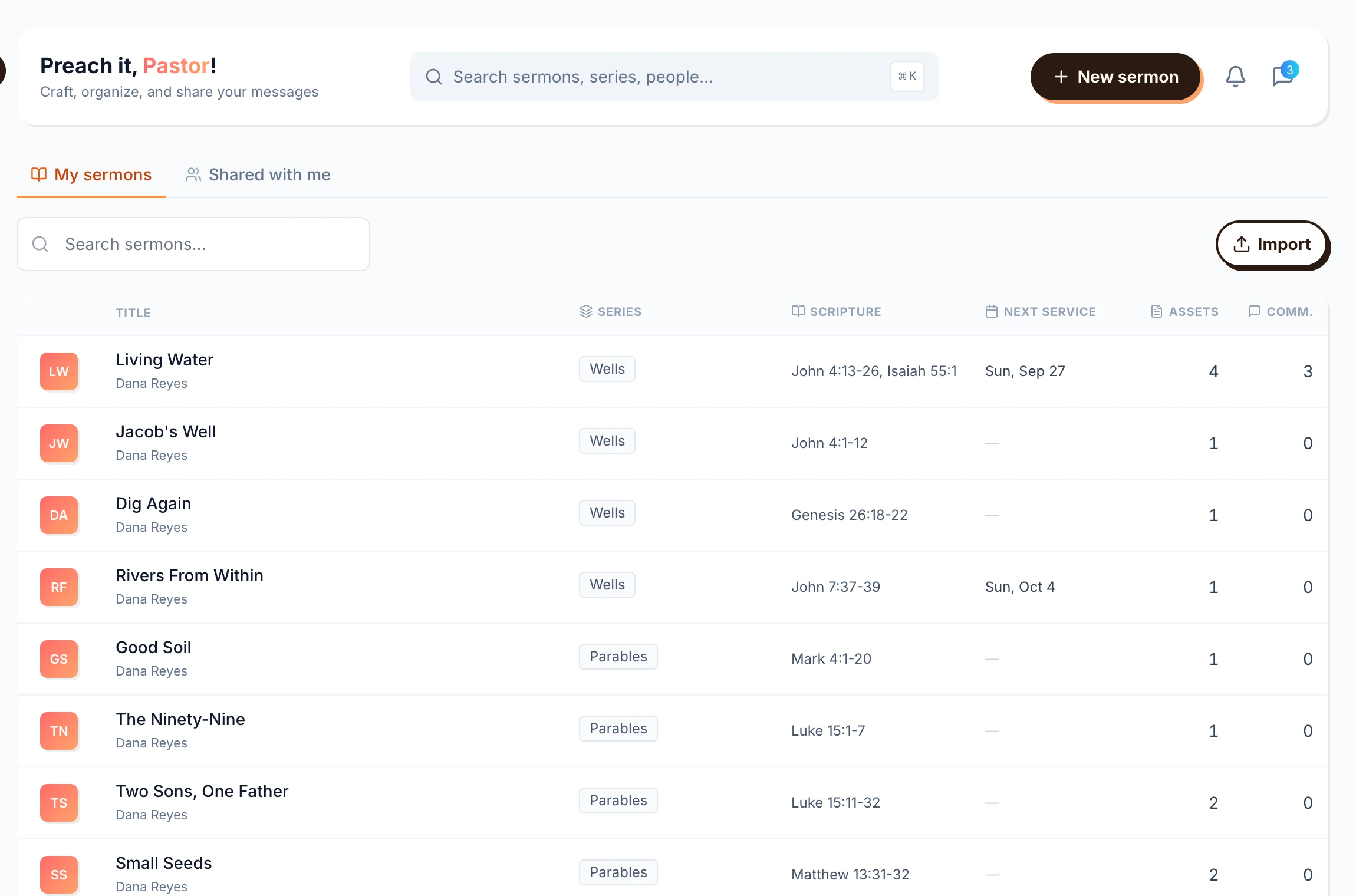 The sermon library: every sermon with its series, scripture, next service, files and comments, searchable
