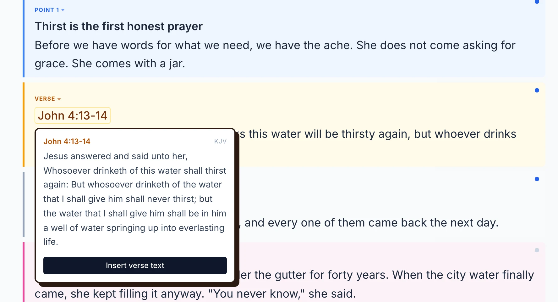 Hovering John 4:13-14 in the editor shows the passage with an Insert verse text button