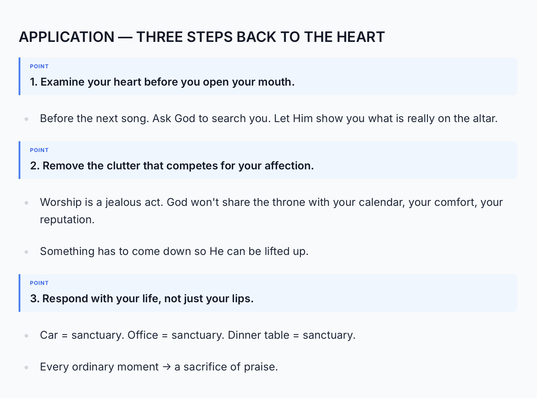 A sermon's application section organized into three numbered point blocks with notes under each