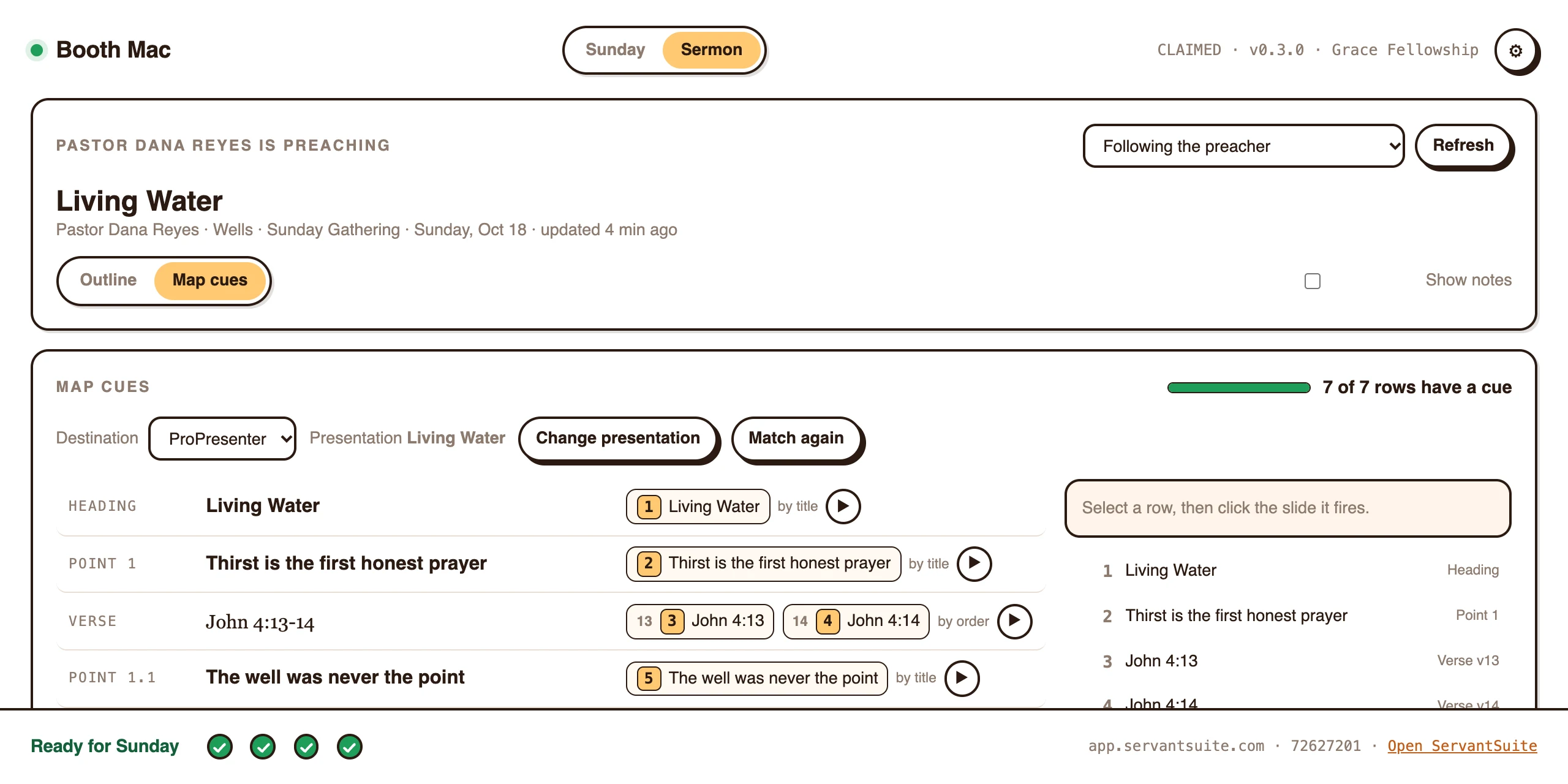 Map cues in ServantSync: each point and verse of Living Water matched to its ProPresenter slide