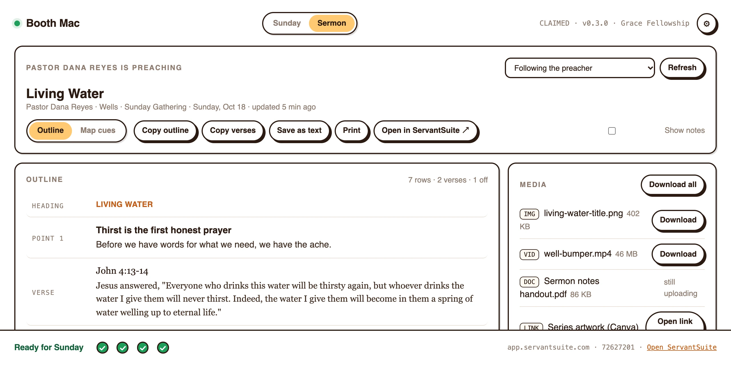 The Sermon view in ServantSync: the Living Water outline with its points and verses, and the sermon's files ready to download